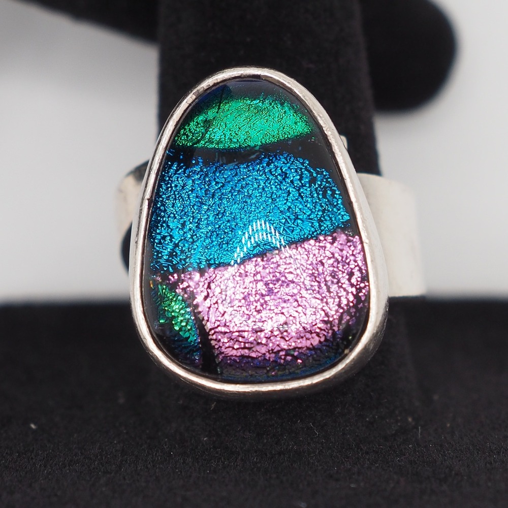 Vintage Dichroic Glass Ring 8 Mexico 925 Silver Teardrop Pink Blue Cabochon